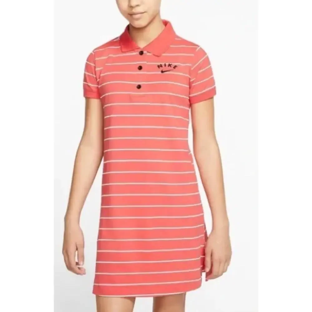 NIKE Girls Red White Stripe Short Sleeve Cotton Golf Polo Dress LARGE